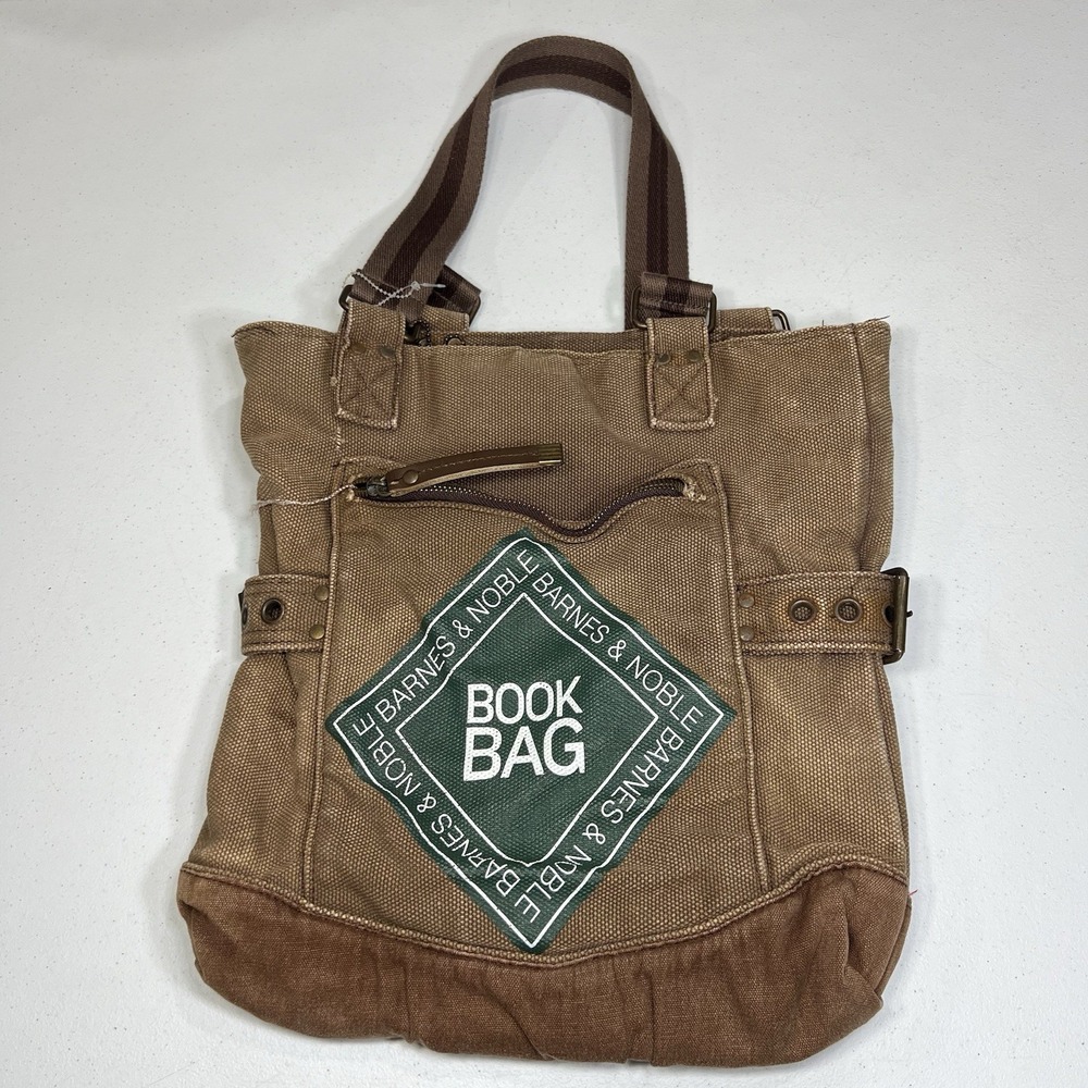 Barnes & Noble Brown Canvas Book Bag Tote w/ Front Zip Pocket Vintage Y2K
